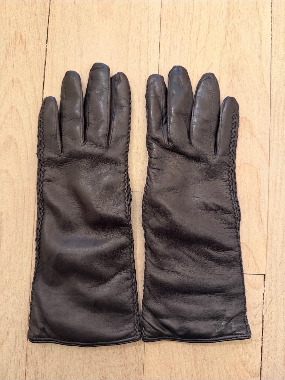 Dark Grey Leather Women's Gloves with Braided Side Detail. Never worn.